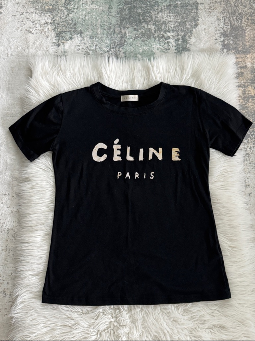 Celine Black Crewneck Tee with Ivory Logo Tag
